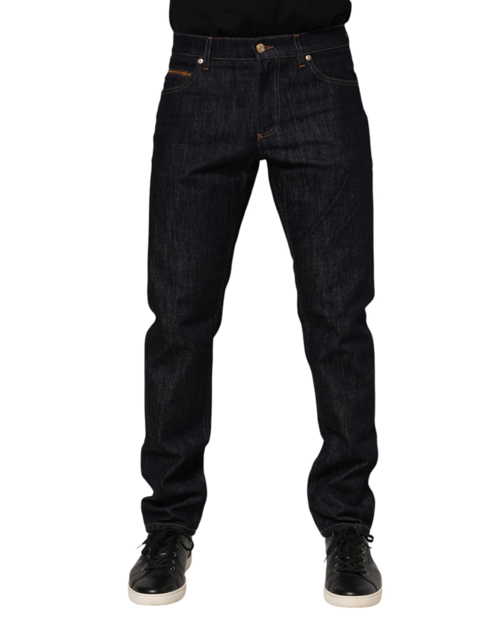 Dark Blue Cotton Logo Plaque Men Denim Jeans