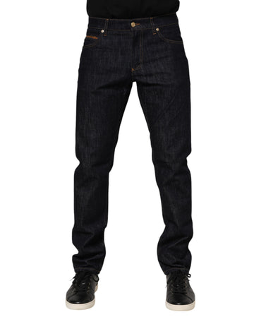 Dark Blue Cotton Logo Plaque Men Denim Jeans